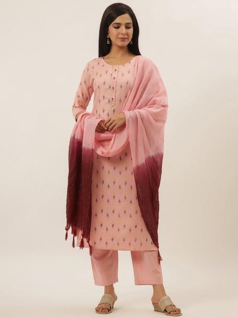 yufta pink cotton printed kurta palazzo set with dupatta
