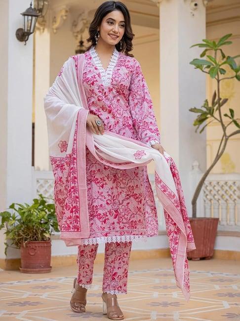 yufta pink cotton printed kurta pant set with dupatta