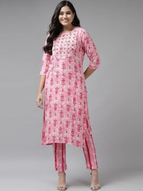 yufta pink embroidered kurta pant set