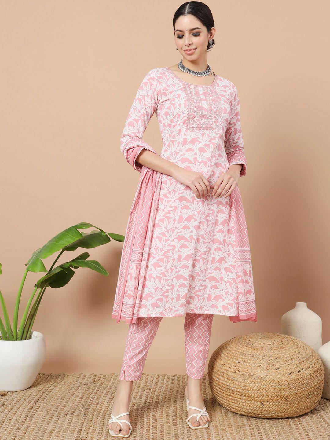 yufta pink floral embroidered sequinned pure cotton straight kurta with trousers & dupatta