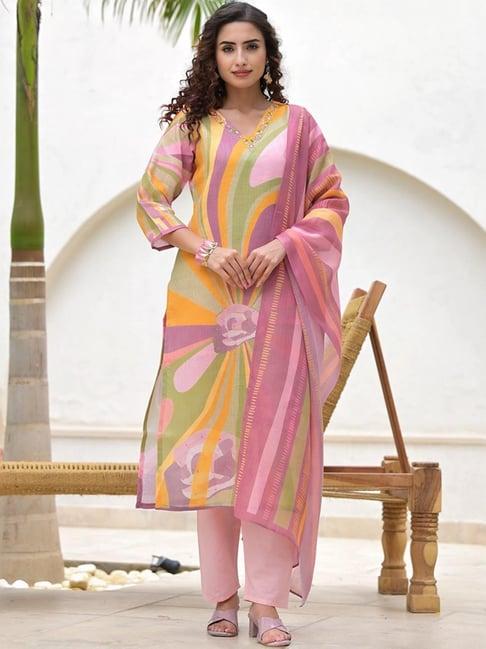 yufta pink linen printed kurta pant set with dupatta