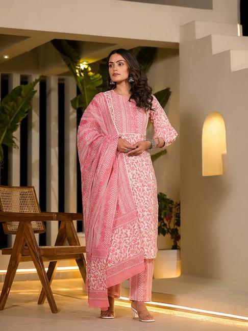 yufta pink printed kurta with pant & dupatta