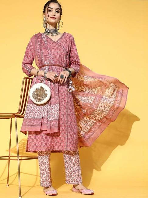 yufta pink pure cotton printed kurta pant set with dupatta