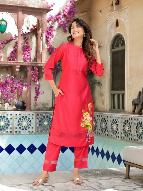 yufta pink silk floral kurta pant set