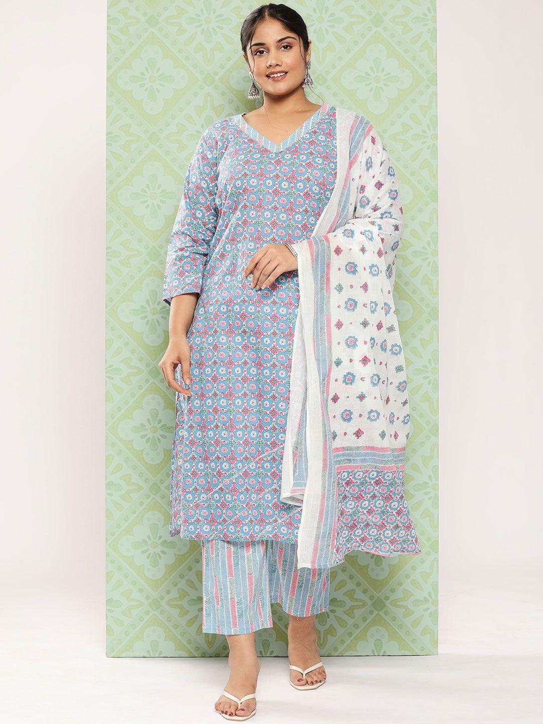 yufta plus size ethnic motifs printed pure cotton kurta with trousers & with dupatta