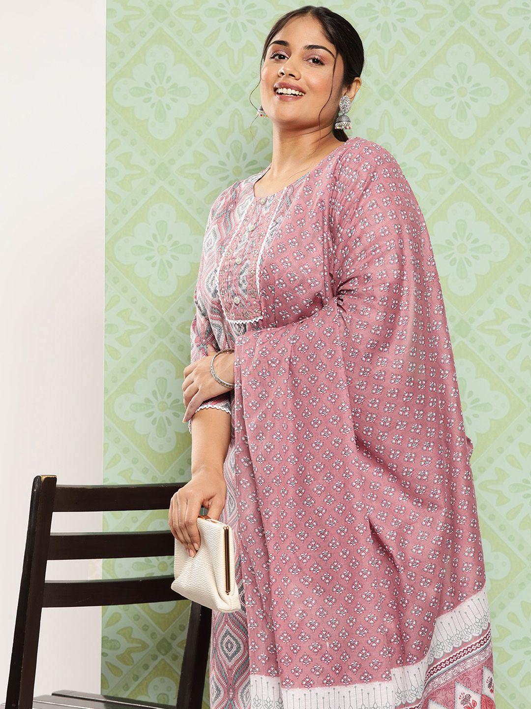 yufta plus size ethnic motifs printed regular sequinned pure cotton kurta set