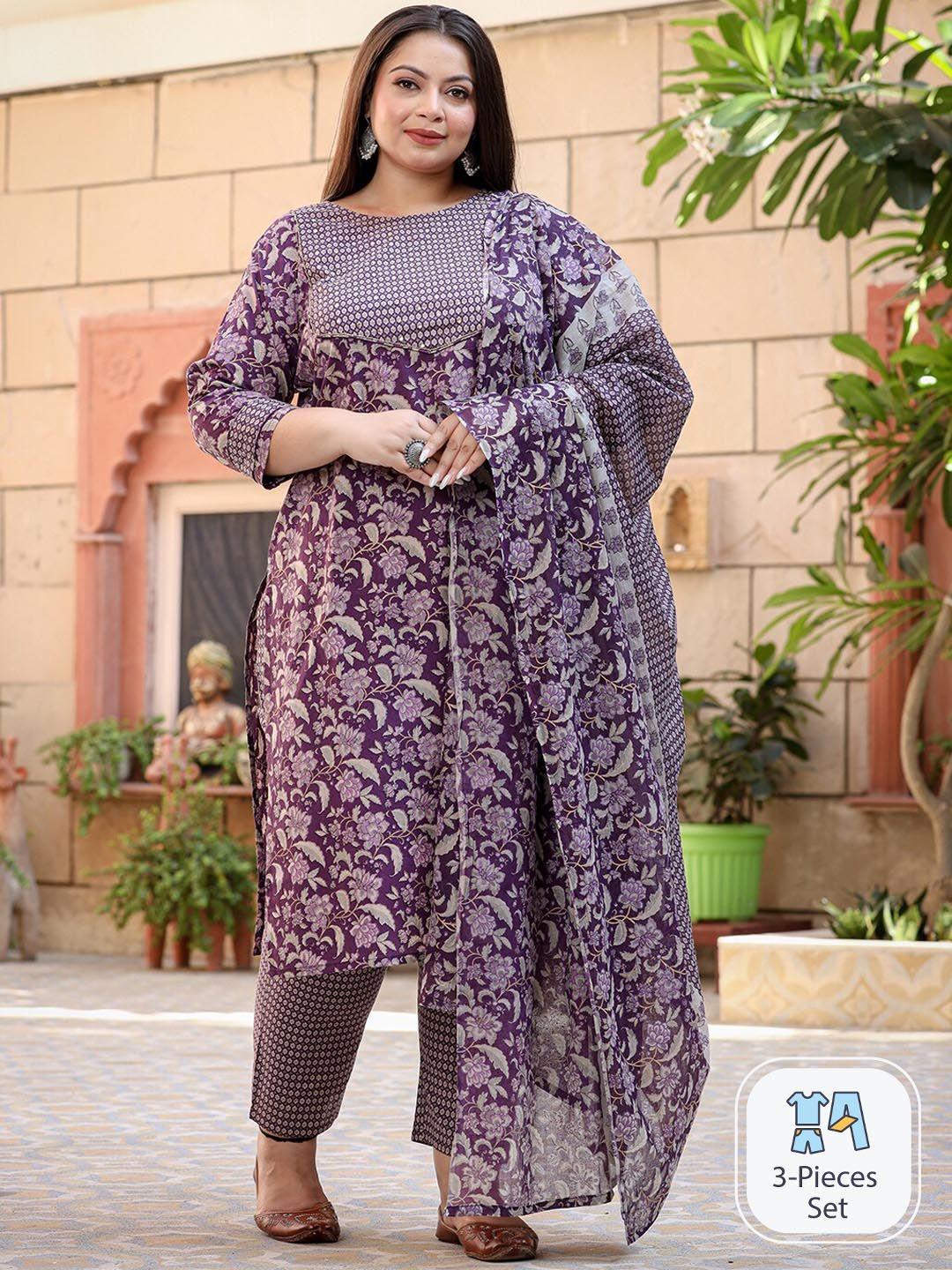 yufta plus size floral printed pure cotton straight kurta & trousers with dupatta