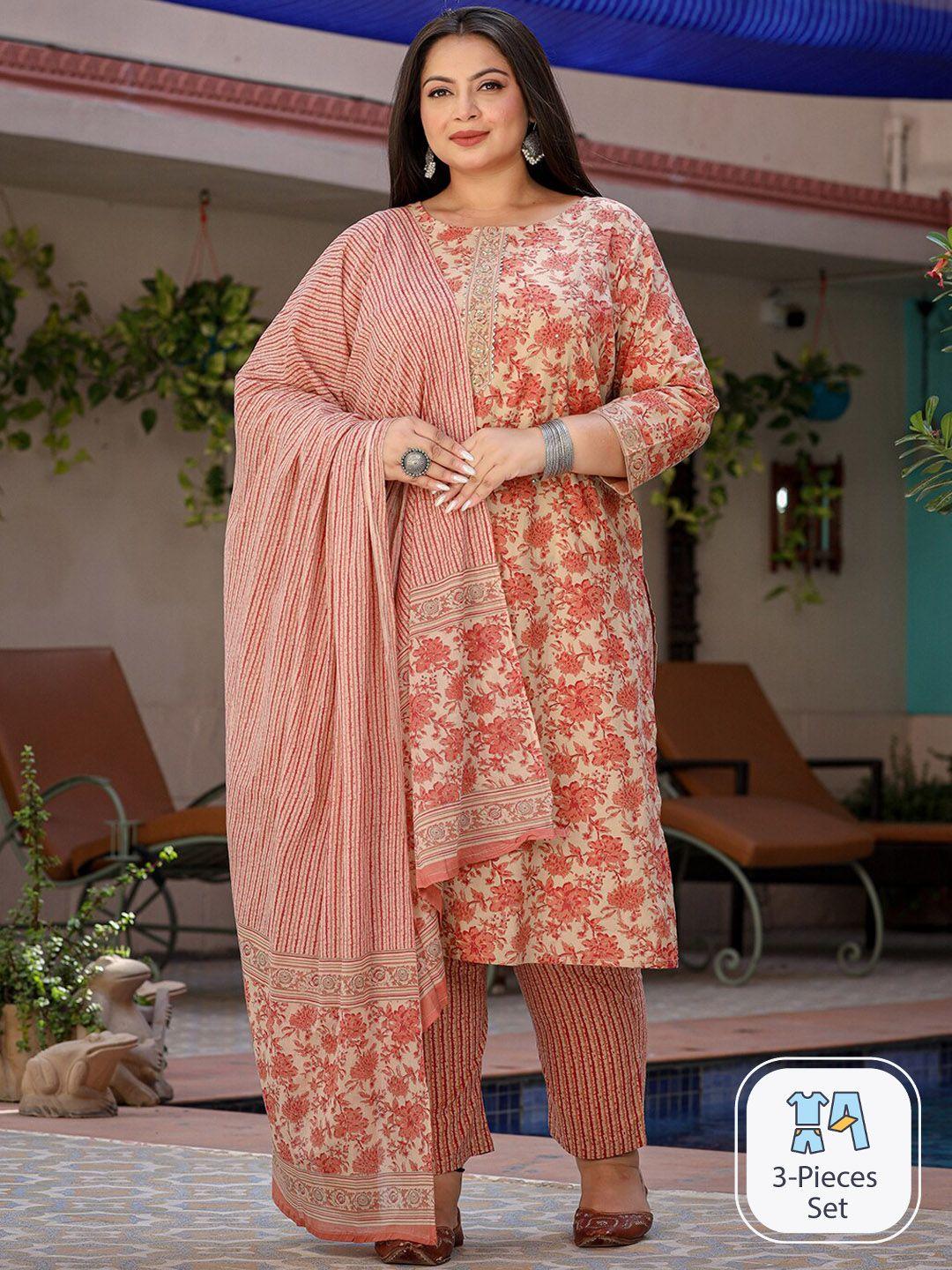 yufta plus size floral printed sequinned pure cotton kurta & trousers with dupatta