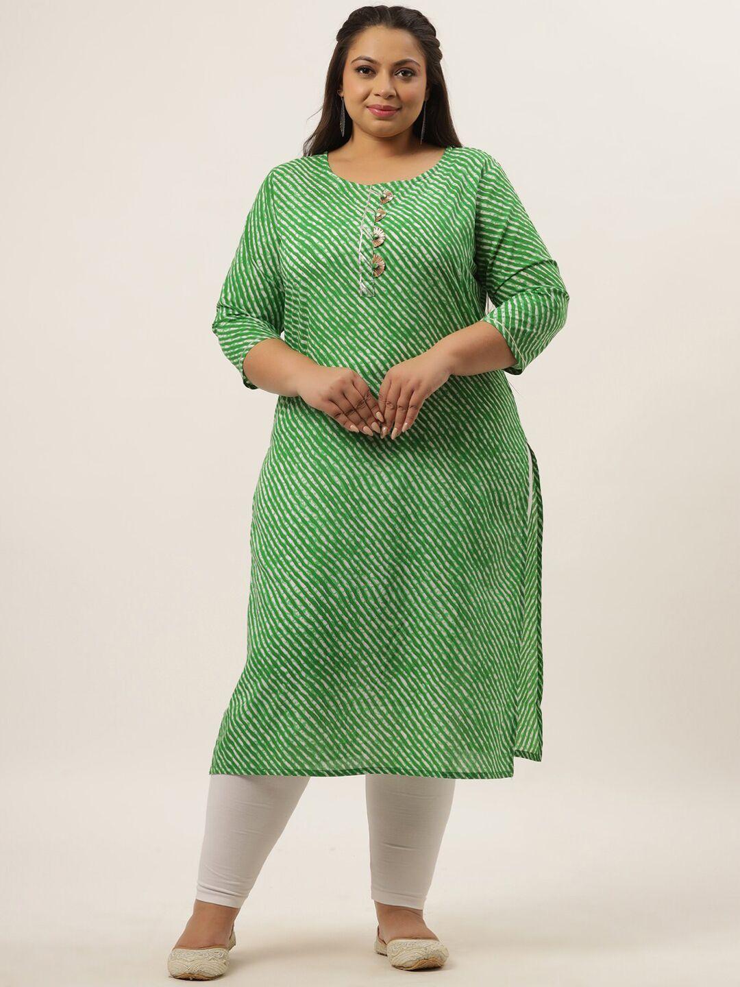 yufta plus size women green leheriya printed cotton kurta