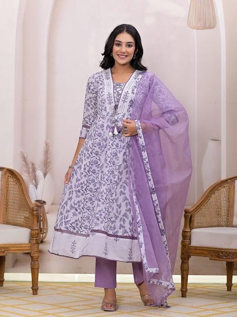 yufta purple & white embroidered kurta with pant & dupatta