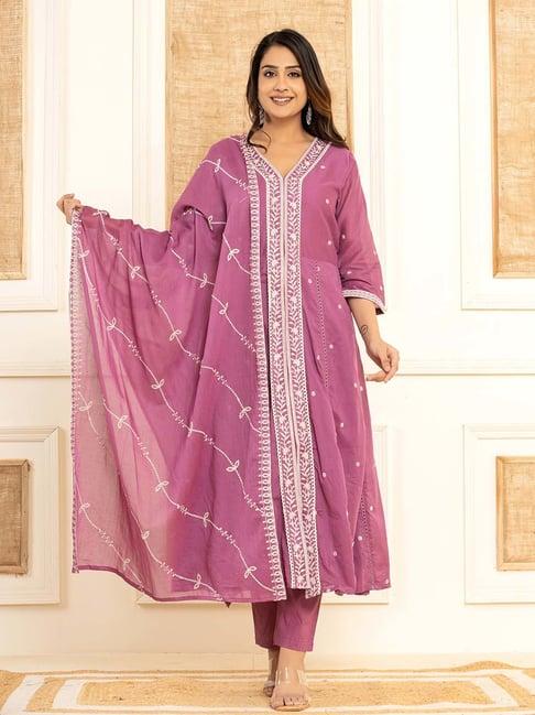 yufta purple cotton embroidered kurta pant set with dupatta