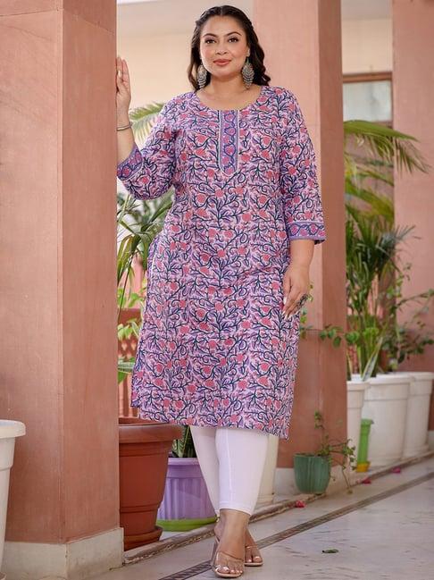 yufta purple cotton floral print straight kurta