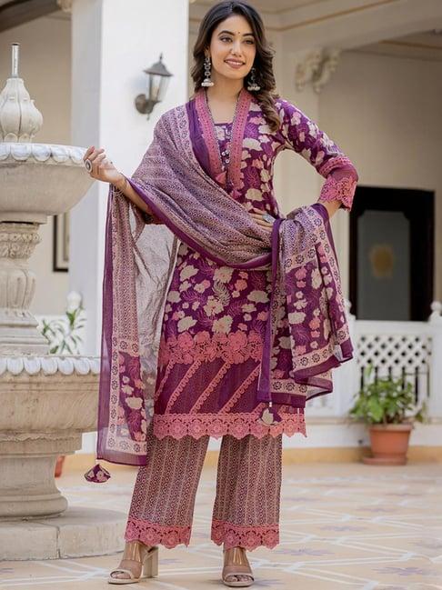 yufta purple cotton printed kurta palazzo set with dupatta