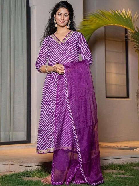 yufta purple cotton printed kurta pant set with dupatta