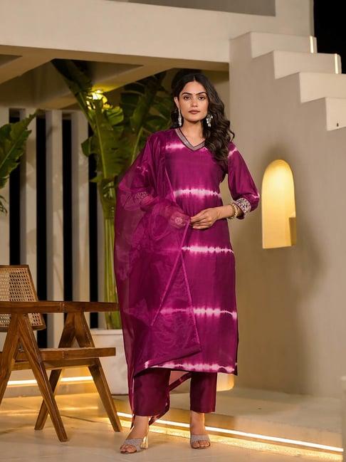 yufta purple embroidered kurta with pant & dupatta