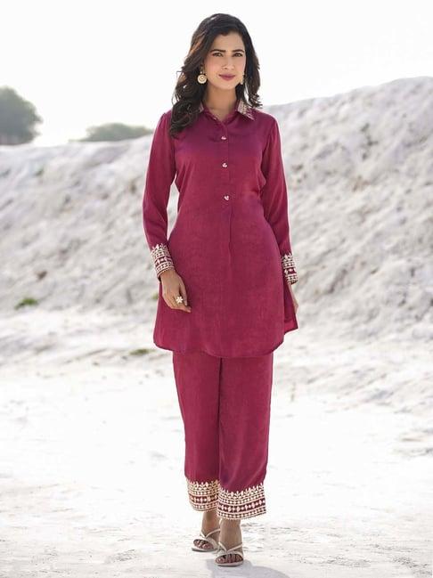 yufta purple embroidered kurti pant set