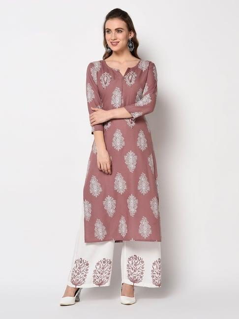 yufta purple straight fit kurta with palazzo & dupatta