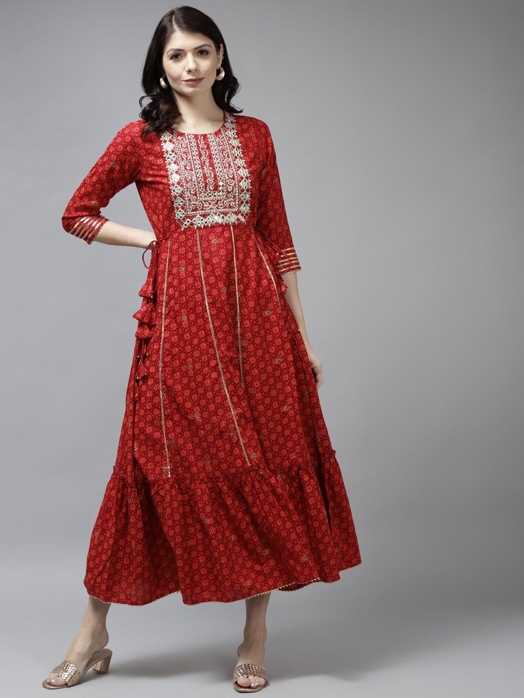 yufta red & golden ethnic motifs embroidered a-line midi dress