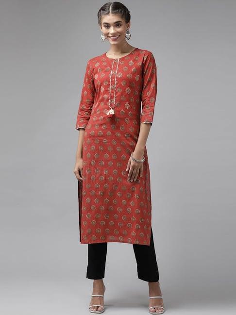 yufta red cotton embellished straight kurta