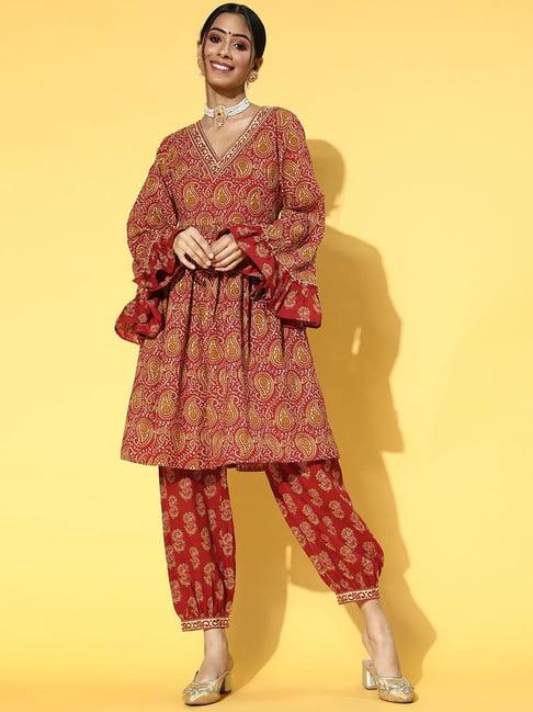 yufta red cotton printed kurti salwar set