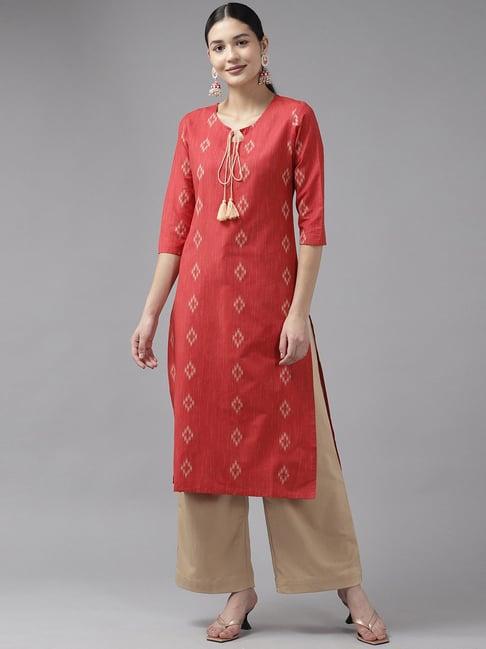 yufta red cotton woven pattern straight kurta