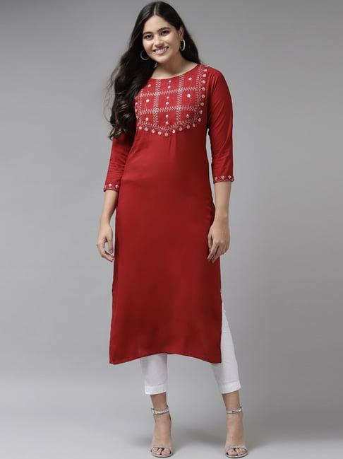 yufta red embroidered straight kurta