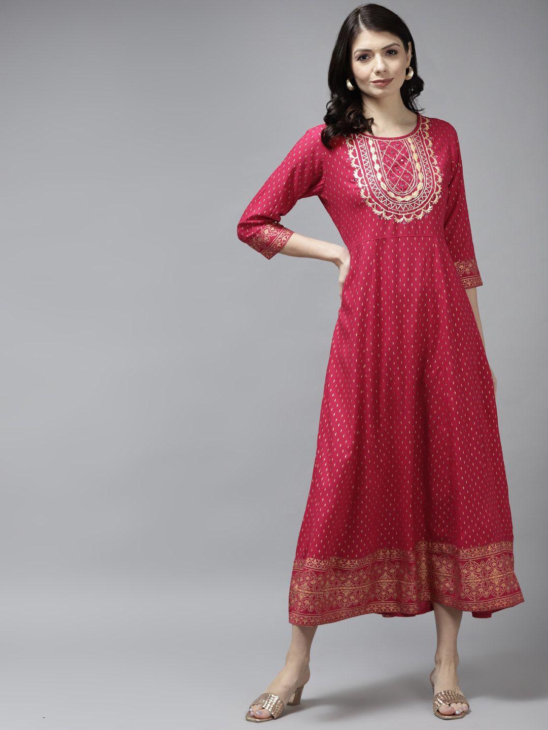 yufta red ethnic motifs printed embellished detailed midi fit & flare dress