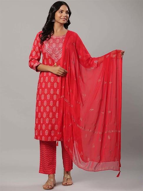 yufta red printed kurta pant set with dupatta