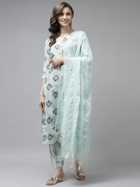 yufta sea green cotton printed kurta with pant & dupatta