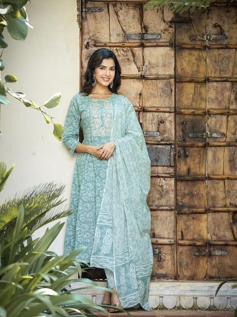 yufta sea green embroidered anarkali kurta with pant & dupatta