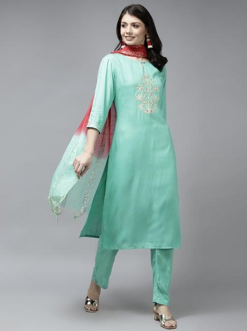 yufta sea green embroidered kurta pant set with dupatta