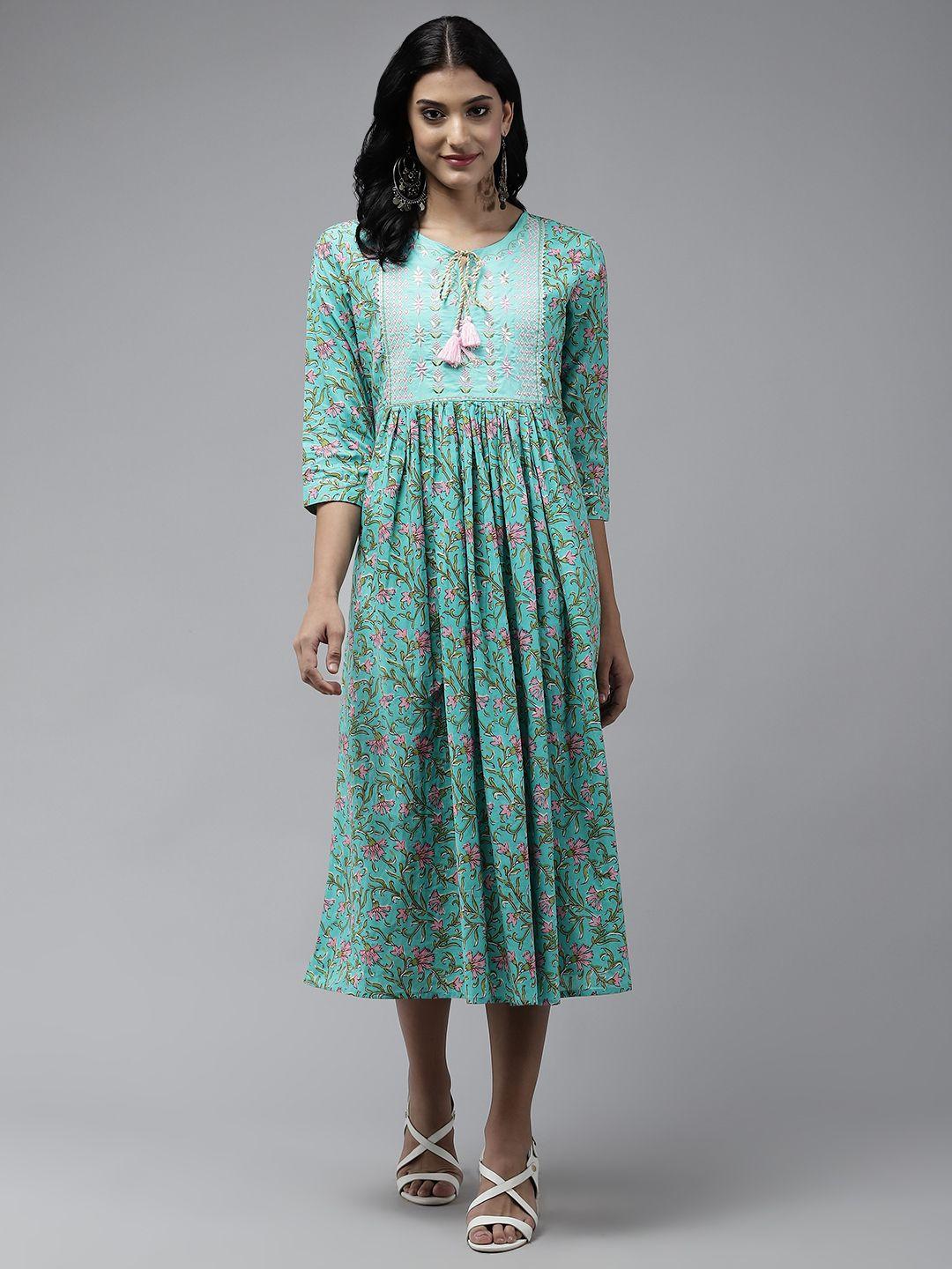 yufta sea green floral embroidered tie-up neck ethnic cotton a-line midi dress