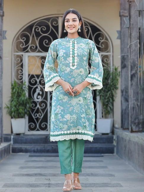 yufta sea green floral print kurta pant set