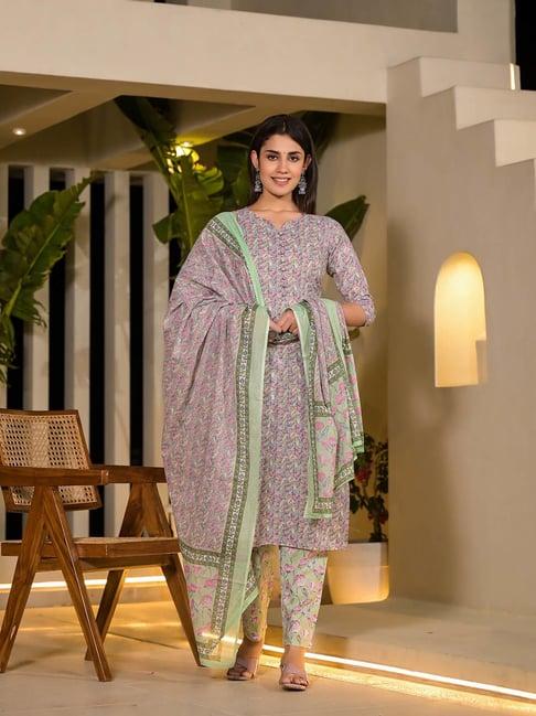 yufta sea green printed kurta with pant & dupatta