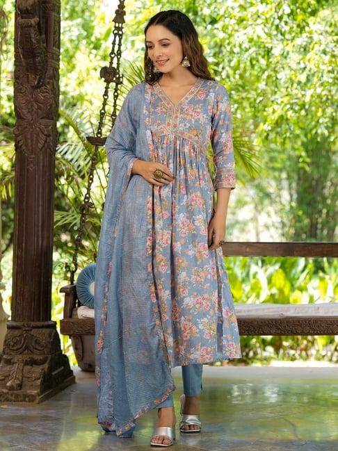 yufta sky blue cotton floral print kurta pant set with dupatta