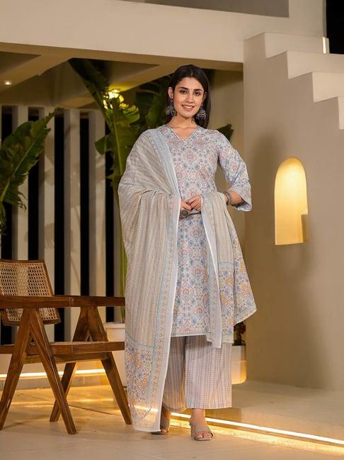 yufta sky blue floral kurta with palazzo & dupatta