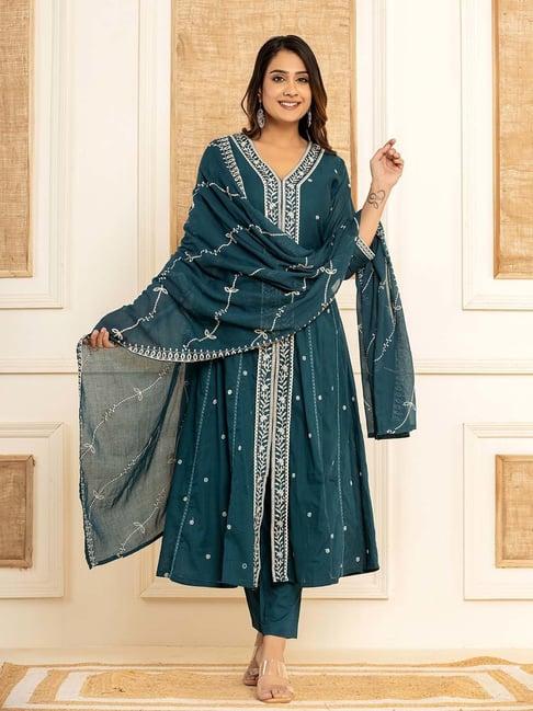 yufta teal blue cotton embroidered kurta pant set with dupatta