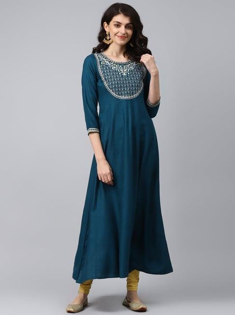 yufta teal blue embroidered a line kurta