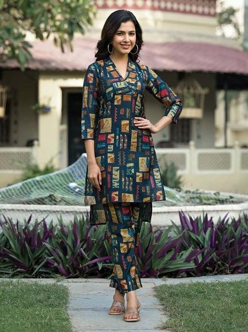 yufta teal blue printed kurti pant set