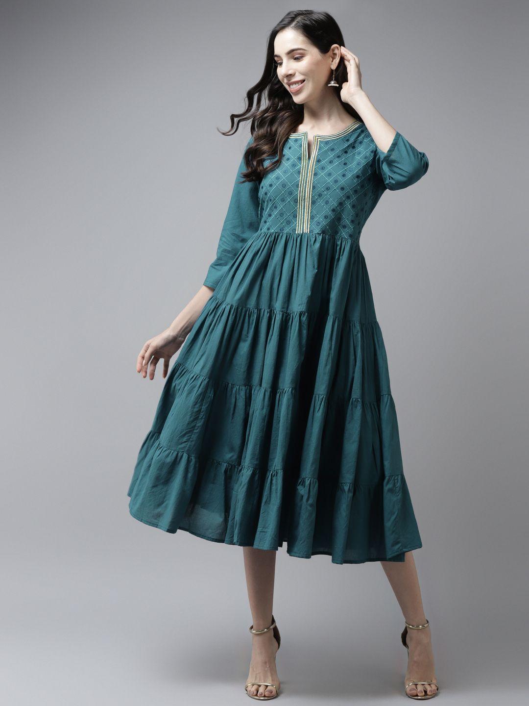 yufta teal ethnic motifs embroidered midi dress