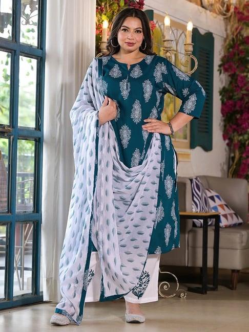 yufta teal printed kurta with pant & dupatta