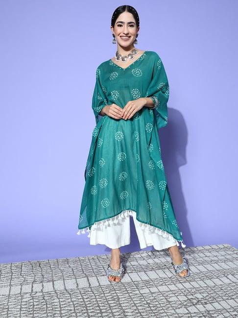 yufta teal printed straight kaftan kurta