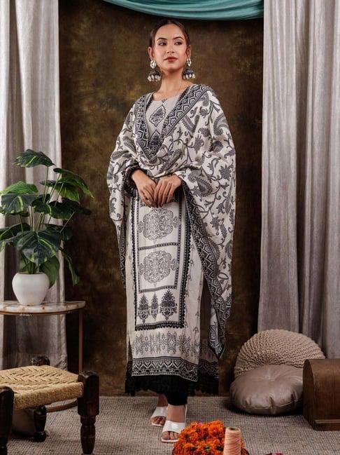 yufta white & black printed kurta pant set with dupatta