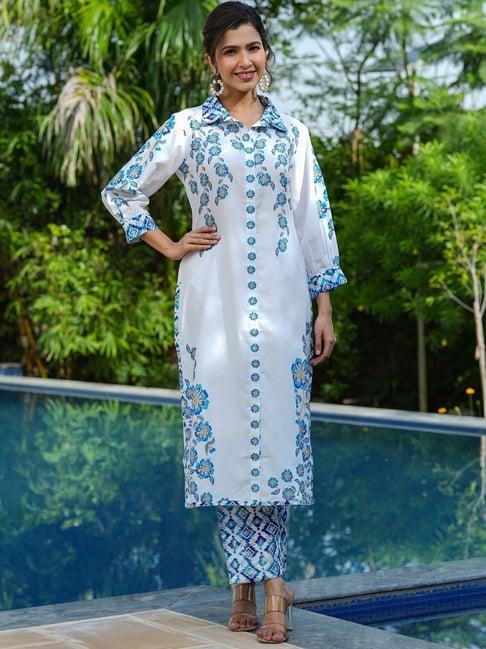 yufta white & blue cotton floral print kurta pant set