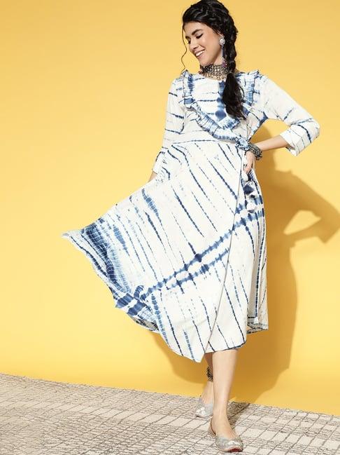 yufta white & blue pure cotton printed maxi dress