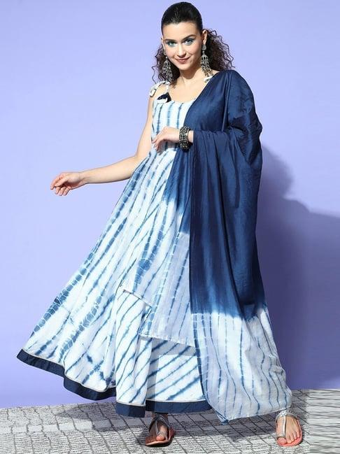 yufta white & blue tie & dye kurta pant set with dupatta