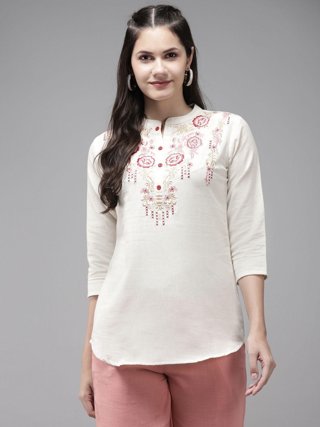 yufta white & maroon embroidered mandarin collar regular top