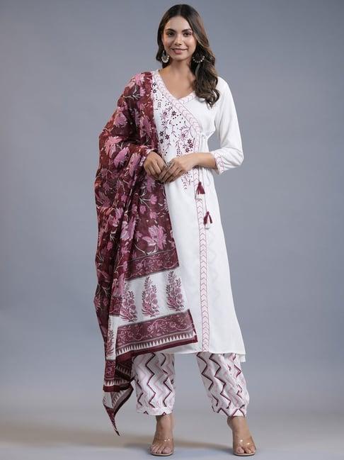 yufta white & pink embroidered kurta salwar set with dupatta