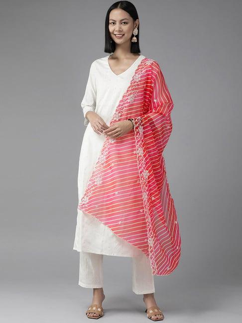 yufta white cotton embellished kurta pant set with dupatta