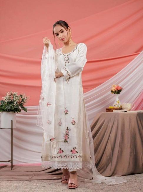 yufta white embroidered kurta pant set with dupatta